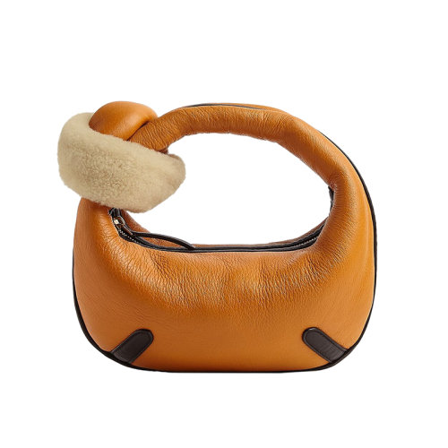 Bottega Veneta/葆蝶家 22新款 女士迷你蜂蜜色/米白色剪羊毛配羔羊皮黃銅飾面拉鏈開合手提包717511V2GR12538
