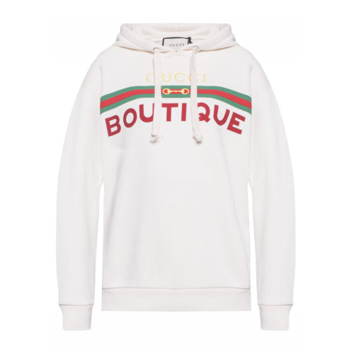 GUCCI 古馳 男女情侶款米白色logo字母印花連帽運動衫 中性衛衣