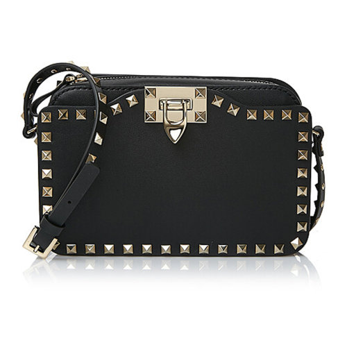 Valentino/華倫天奴  女包女士黑色皮革時尚百搭鉚釘裝飾品牌LOGO斜挎包單肩包  RW2B0148BOL 0NO