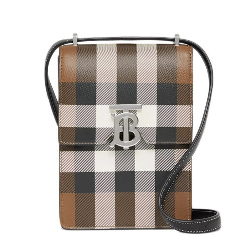BURBERRY/博柏利 Robin系列 男女通用深樺木棕格紋印花皮革洛賓單肩斜挎手機包
