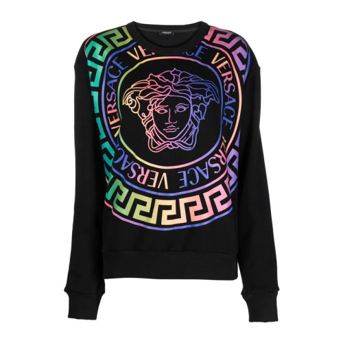 VERSACE/范思哲 女士黑色棉質混紡滌綸經典彩色字母徽標美杜莎頭像裝飾圓領長袖上衣衛衣 1001574-1A01174-2B070