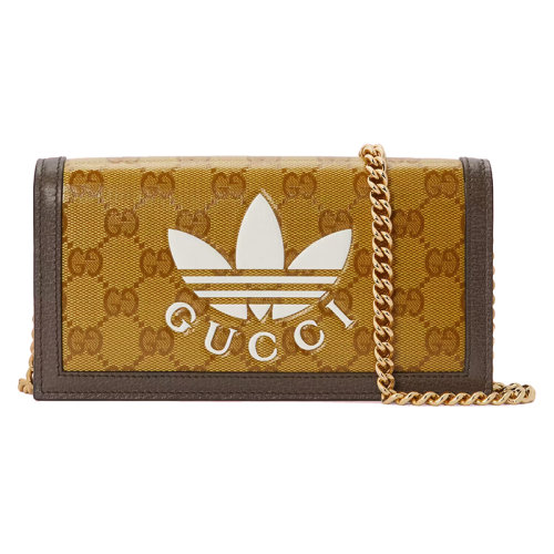 GUCCI/古馳 2022年新款 阿迪達斯聯名款 女士米色/棕色水晶帆布皮革飾面三葉草印花滾邊按扣開合鏈帶錢包單肩斜挎包