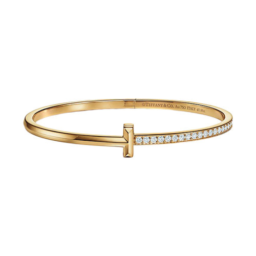 Tiffany & Co./蒂芙尼 Tiffany T系列 18K金黃金鑲鉆窄鉸鏈T形手鐲 GRP11336