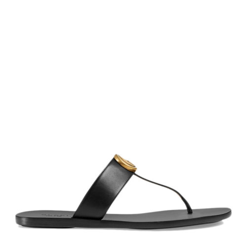 GUCCI/古馳 女士雙G丁黑色雙G造型皮革夾趾涼鞋 497444-A3N00-1000（99新未使用）