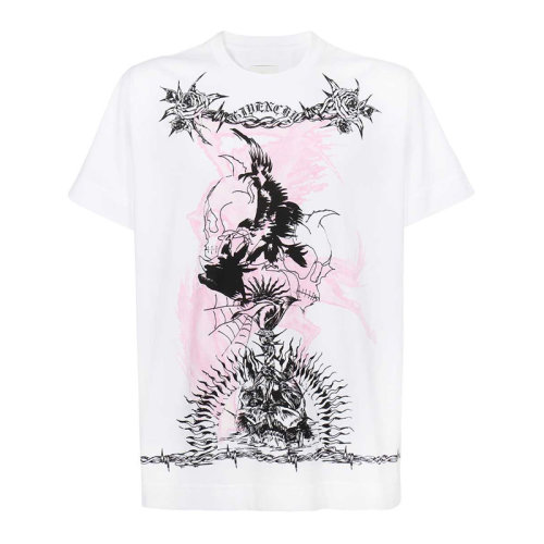 Givenchy/紀梵希 男士白色棉質經典字母徽標哥特式印花裝飾超大寬松裁剪圓領短袖上衣T恤 BM71583Y6B-100