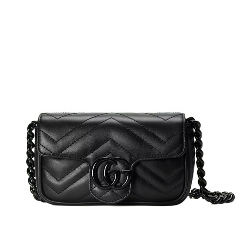 GUCCI/古馳 22春夏新款GG Marmont系列 女士黑色V型絎縫皮革雙G扣翻蓋單肩斜挎包腰包?699757UM8KV1000