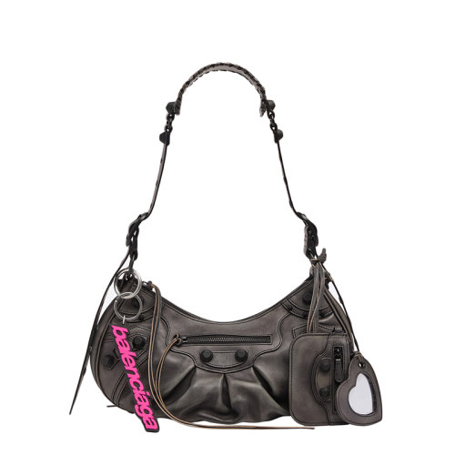 Balenciaga/巴黎世家 22春夏新款LE CAGOLE系列 女士小號黑色牛皮革粉色鑰匙環心形鏡子吊墜零錢包中古單肩腋下包 6713072VP471000