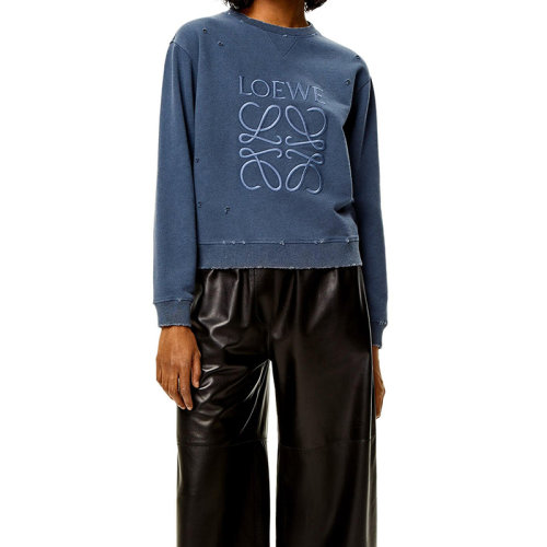 LOEWE/羅意威 22年秋冬新款 女士復古藍色做舊圓領刺繡LOGO無帽衛衣
