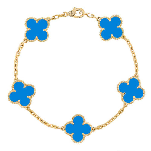 Van Cleef & Arpels/梵克雅寶 經典Vintage Alhambra系列 18k金黃金鑲藍瑪瑙5四葉草手鏈VCARP34900