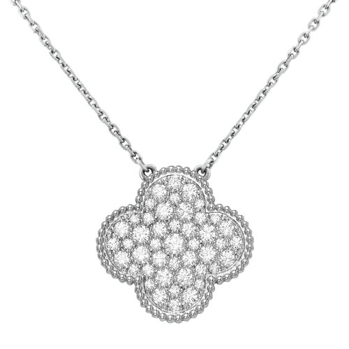 Van Cleef & Arpels/梵克雅寶 經典Magic Alhambra系列18K金白金鑲鉆四葉草吊墜項鏈VCARN9MS00