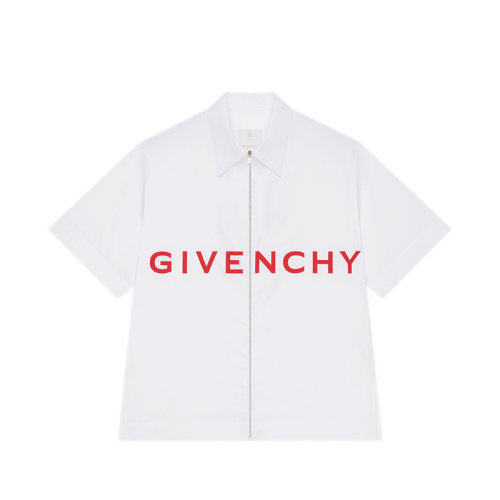Givenchy/紀梵希 22年秋冬新款 男士白色正面飾有紅色粘合LOGO棉綢短袖拉鏈直筒襯衫BM60UC1YBL-100