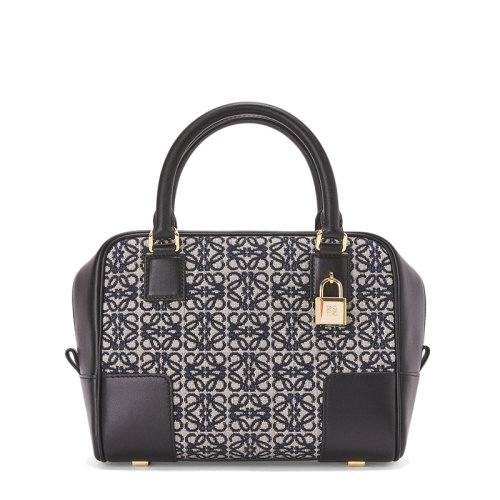 LOEWE/羅意威  Amazona 19系列 女士海軍藍色提花刺繡黑色小牛皮金屬掛鎖手提單肩包0010623320
