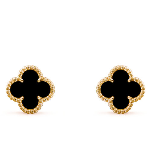 Van Cleef & Arpels/梵克雅寶 經典Sweet Alhambra系列 18K金黃金鑲嵌黑色瑪瑙四葉草耳釘