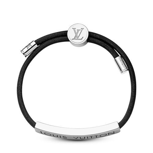 Louis Vuitton/路易威登 經典款LV SPACE系列 男士黑色錦綸飾徽標刻印銀色金屬太空手鐲手鏈M00273