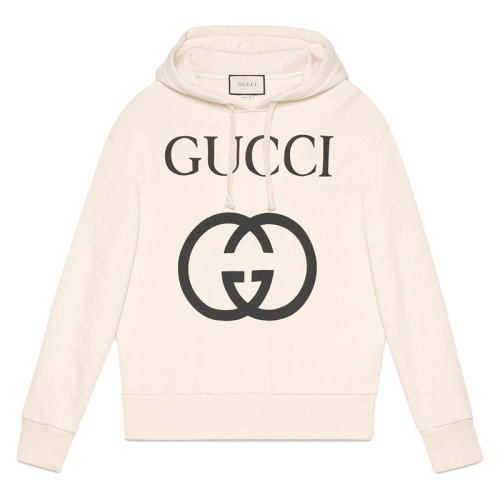 GUCCI/古馳 男士象牙白色重磅毛氈針織棉飾互扣式G兜帽衛衣475374X3Q259524