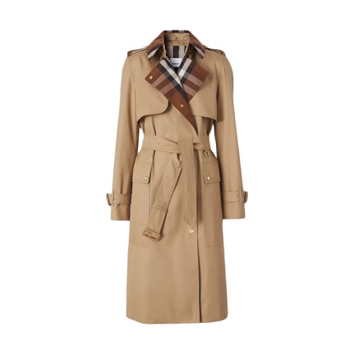 BURBERRY/博柏利 22年早春新款 女士駝色格紋裁片純棉嘎巴甸Trench風衣80505861