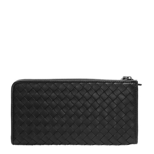 Bottega Veneta/葆蝶家  男士黑色羊皮編織拉鏈長款錢包手拿包