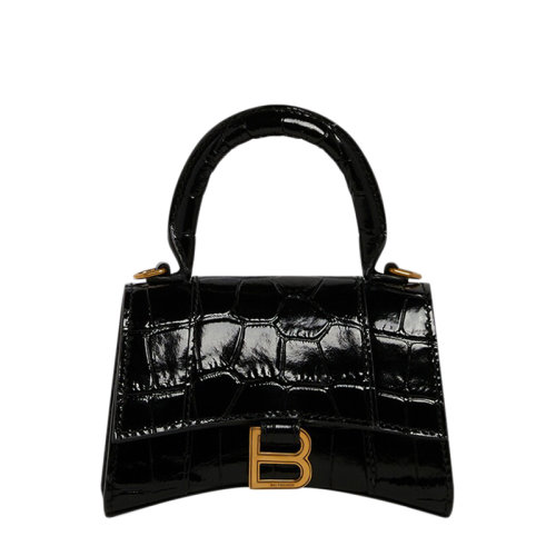 Balenciaga/巴黎世家 21新款HOURGLASS系列 女士迷你黑色閃亮鱷魚壓紋小牛皮鏈條手提單肩斜挎沙漏包6646761LRGM1000