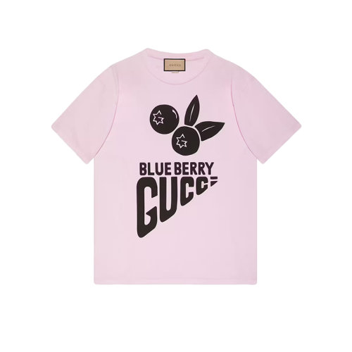 GUCCI/古馳 22年春夏新款 Aria系列 男女同款淺粉色純棉Blueberry印花短袖T恤616036XJDWE5595