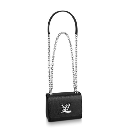 Louis Vuitton/路易威登 經典款TWIST系列 女士迷你黑色水波紋牛皮革旋轉徽標銀扣翻蓋開合單肩斜挎鏈條包M56117