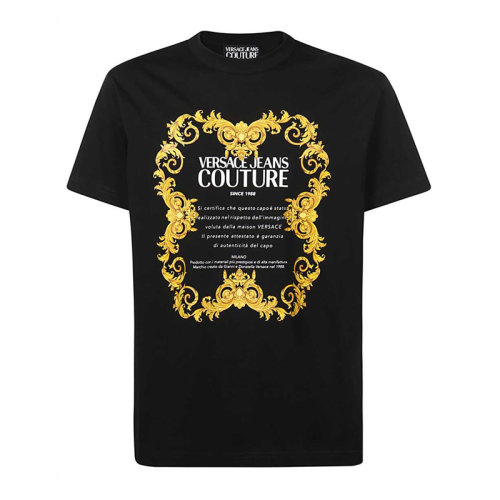 VERSACE JEANS/范思哲牛仔 男士黑色棉質(zhì)經(jīng)典字母徽標印花裝飾圓領(lǐng)短袖上衣T恤 B3GWA7TJ-30319-K42