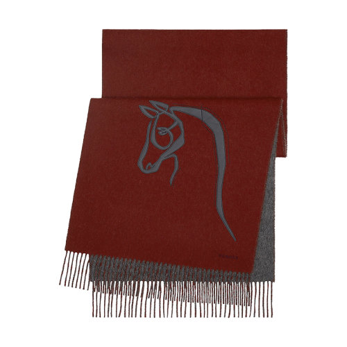HERMES/愛馬仕 22年早春新款 Cheval au Trait系列 男士紅色/中灰色馬頭圖案純羊絨圍巾H393782T02