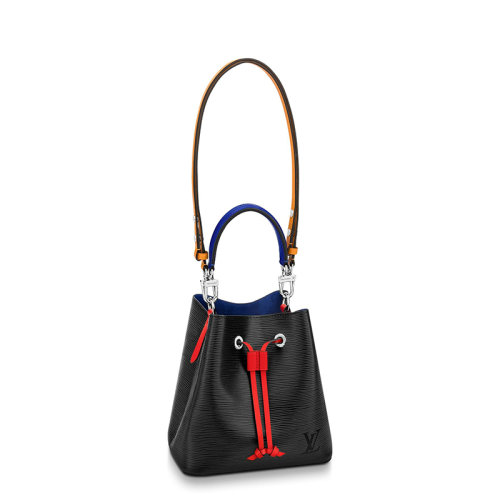 Louis Vuitton/路易威登 22春夏新款NEONOé BB系列 女士黑色水波紋粒面牛皮革飾紅色細節修飾銀扣配可拆卸肩帶單肩斜挎手提抽繩水桶包M52853