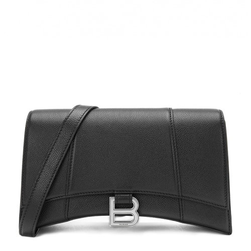 Balenciaga/巴黎世家 Hourglass Sling系列女士黑色小牛皮銀色金屬LOGO磁扣斜挎包單肩包女包 616446-1IZHY-1000