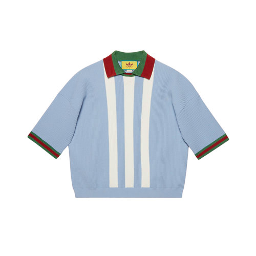 GUCCI/古馳 22年秋冬新款 adidas聯名系列 男士淺藍色粘膠纖維混紡網眼羅紋面料Logo印花短袖Polo衫700482XKCDS4748