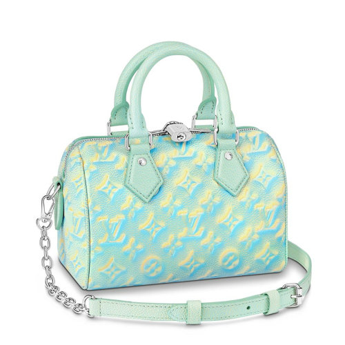 Louis Vuitton/路易威登 22新款SPEEDY 20系列 女士水綠色噴繪效果老花壓紋粒面牛皮革銀鎖銀鏈單肩斜跨鏈條包M46092