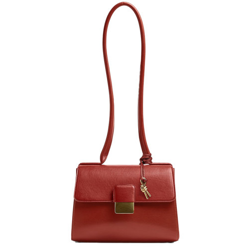 Bottega Veneta/葆蝶家 22新款 Desirede系列 女士中號紅色小牛皮金屬扣翻蓋開合中長款單肩包718246V2EQ06303