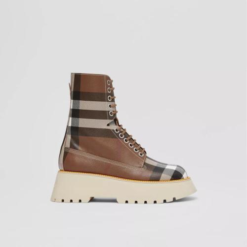  BURBERRY 22年秋冬 女士 大號格紋人造皮革厚底靴 80608141