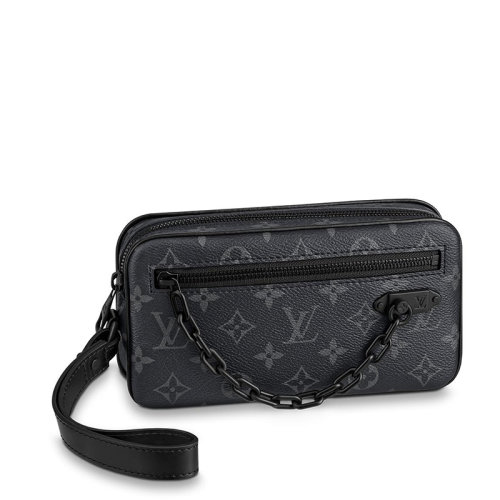Louis Vuitton/路易威登 經典款VOLGA系列 男士經典老花帆布牛皮飾邊黑鏈配可拆卸腕帶拉鏈開合鏈條手拿包M68321