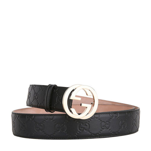 GUCCI/古馳  女士經典款 金扣 黑色小牛皮雙G紋皮帶 腰帶 寬3.8CM