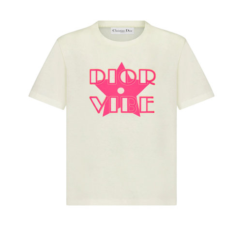 DIOR/迪奧 22年春夏新款 VIBE系列 女士米白色/熒光粉色棉質和亞麻混紡幸運星星Logo印花短袖T恤223T19A4497_X4846