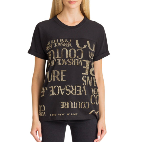 VERSACE JEANS/范思哲牛仔 女士黑色棉質經典字母徽標印花裝飾圓領短袖上衣T恤 B2HUA7EG-36259-899