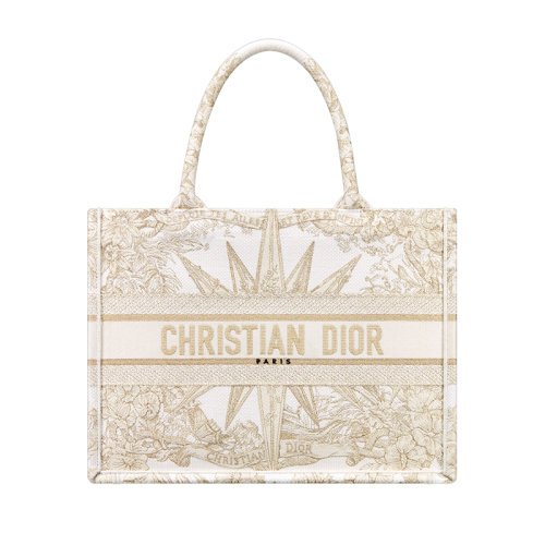 DIOR/迪奧 23新款 女士中號白色/金色帆布金屬線刺繡圖案字母標志手提肩背托特包M1296ZRXV_M981