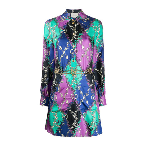 GUCCI 古馳 女士 服裝  拼色字母壓花長袖絲質連衣裙 女士連衣裙