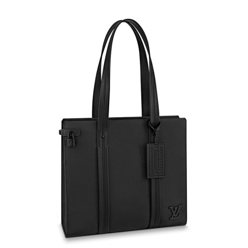 Louis Vuitton/路易威登 22春夏新款TOTE系列 男士黑色粒面小牛皮黑扣配可拆卸徽標吊飾單肩斜跨手提托特包M57308