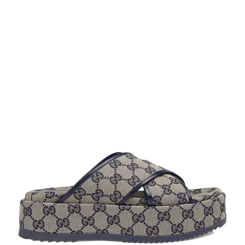 GUCCI/古馳 22年春夏新款 女士米色/藍色經典老花帆布防水臺拖鞋?692842H63204061