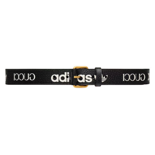 GUCCI/古馳 22年秋冬新款 adidas聯名系列 男女同款黑色/白色皮革三葉草印花金扣腰帶40毫米702277U4DBT1061