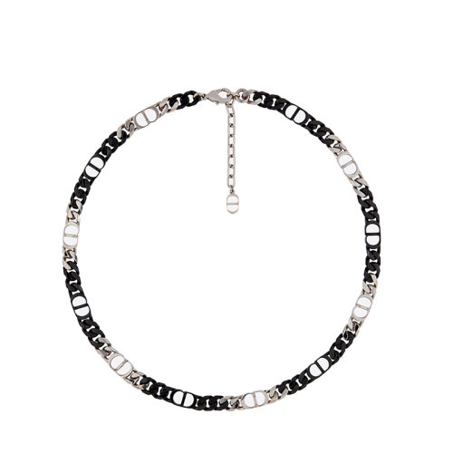 DIOR/迪奧 22新款 CD 1947系列 女士銀色飾面黃銅黑色樹脂“CD Icon”標志龍蝦扣項鏈N1912HOMMT_D004