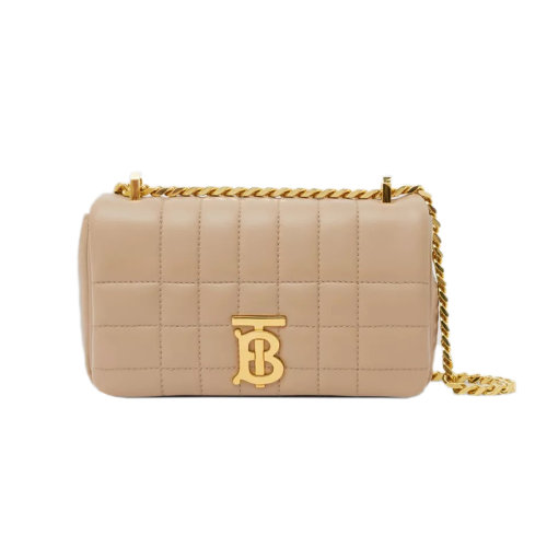 BURBERRY/博柏利 22新款 Lola系列 女士迷你云灰色鞣制粒面皮革字母標志頂部翻蓋磁扣開合字母拋光金屬金色鏈條肩背斜挎包80630151