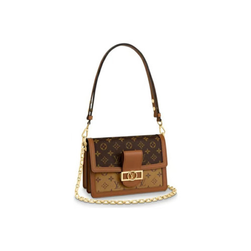 Louis Vuitton Dauphine 達芙妮MM 皮革肩帶加金屬鏈條 老花拼皮 單肩斜挎包 中號 棕色
