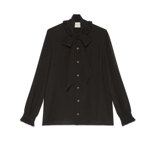  GUCCI古馳 22年秋冬 女士 領(lǐng)結(jié)真絲襯衫 643272 ZAAOG 1000 預(yù)定商品2-6周發(fā)貨