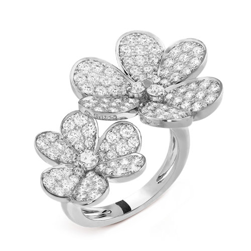 Van Cleef & Arpels/梵克雅寶 經典Frivole系列 18k金白金鑲鉆石滿鉆2個三瓣花朵開口戒指指環VCARB67500