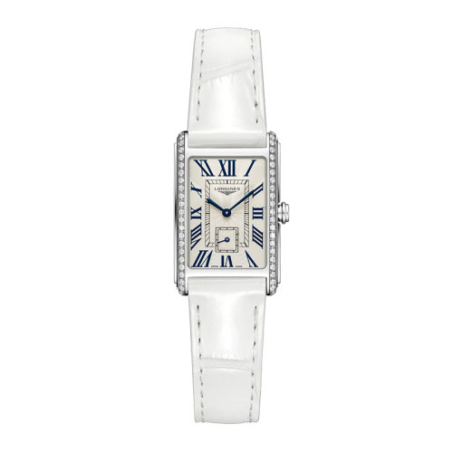 LONGINES/浪琴 黛綽維納系列 女士銀色“flinqué”石英精鋼鑲鉆表殼和鱷魚(yú)皮表帶防刮藍(lán)寶石水晶玻璃腕表20.8X32毫米L5.255.0.71.2