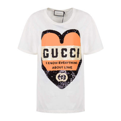 GUCCI/古馳  古琦女裝 經(jīng)典雙G 字母心形圖案 女士白色棉質(zhì)圓領(lǐng)短袖T恤 492347 XJB72 9756
