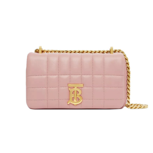 BURBERRY/博柏利 22新款 Lola系列 女士迷你粉色鞣制粒面皮革字母標(biāo)志頂部翻蓋磁扣開合字母拋光金屬金色鏈條肩背斜挎包80630141