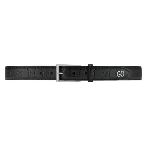 GUCCI/古馳 經典款 男士signature雙G細節黑色皮革寬4CM方扣腰帶474311CWC1N1000